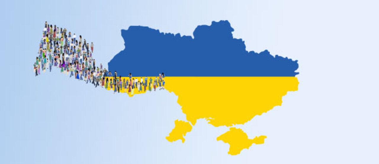 [Translate to Englisch:] Landkarte der Ukraine mit Flüchtenden