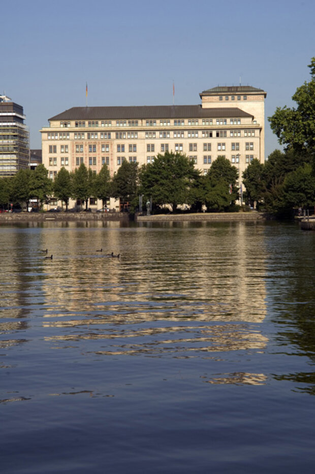 ZBW Hamburg reflected in the Binnenalster