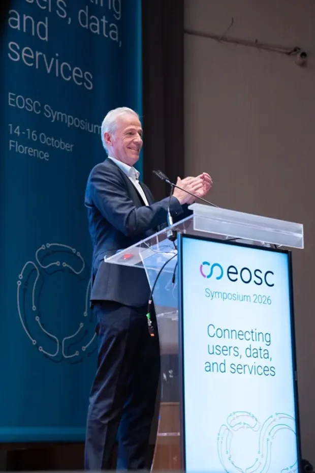 Prof. Dr Klaus Tochtermann, Director of the ZBW and Honorary President of the EOSC Association, at the 2026 EOSC Symposium in Florence. The focus was on the launch of a Europe-wide networked research data infrastructure and its long-term preservation.