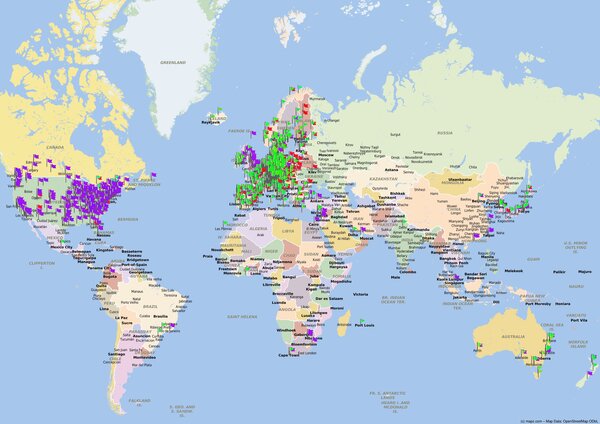 Weltkarte mit Kennzeichnung aller Orte, in die die ZBW über subito Library Service, WorldShare oder Interlibrary Loan Medien verleiht.