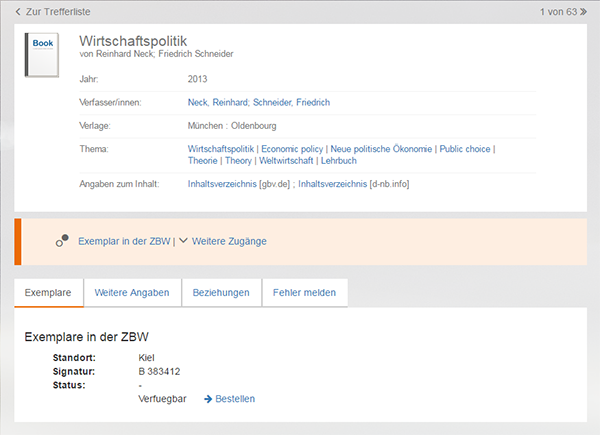 Screenshot einer Vollanzeige eines Treffers in EconBiz mit Bestellbutton für Exemplare in der ZBW